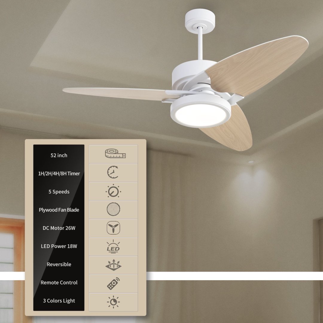52" Smart LED Ceiling Fan – White Indoor + Remote Control