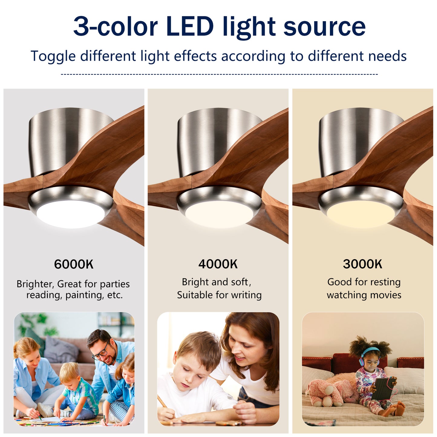 52" Recessed Ceiling Fan – Solid Wood Blades + LED Light Strip & Remote