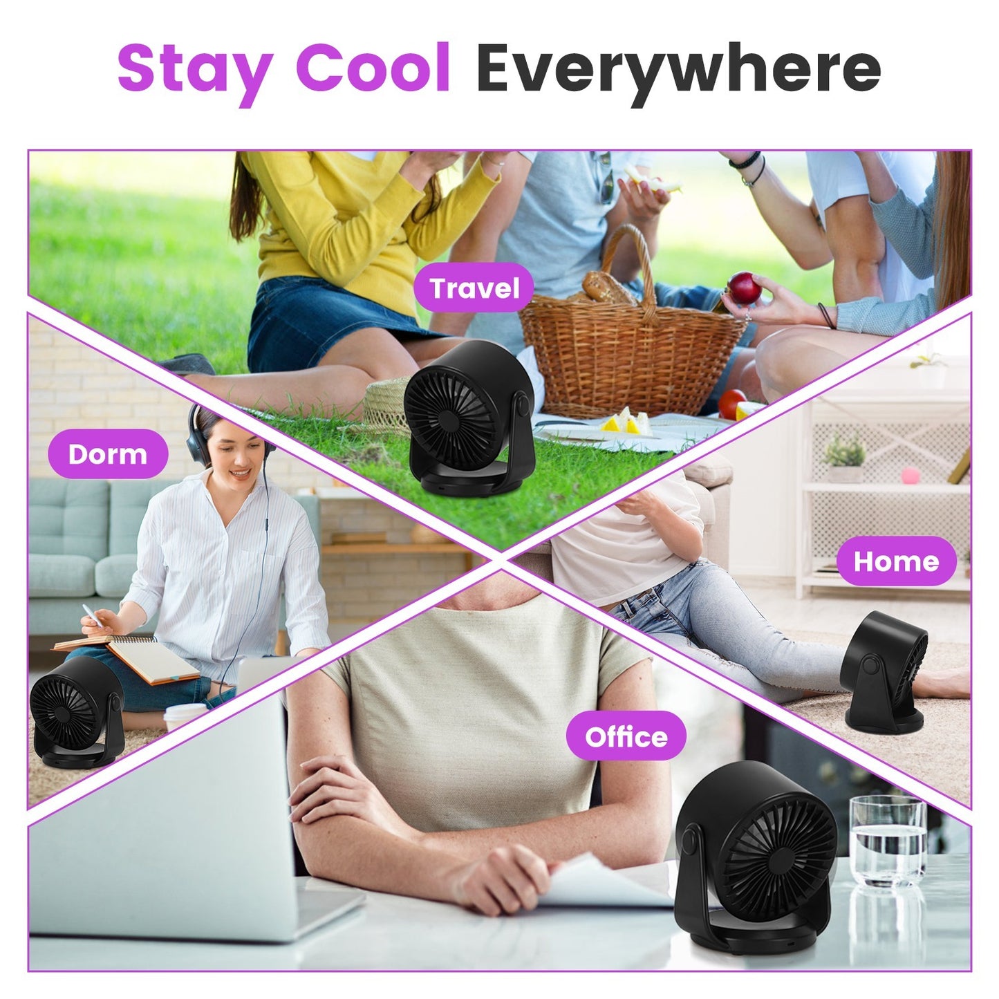 Rechargeable Mini Desk Fan – Battery Operated & Wall Mounted | Quiet, Tilting USB Fan for Travel & Office