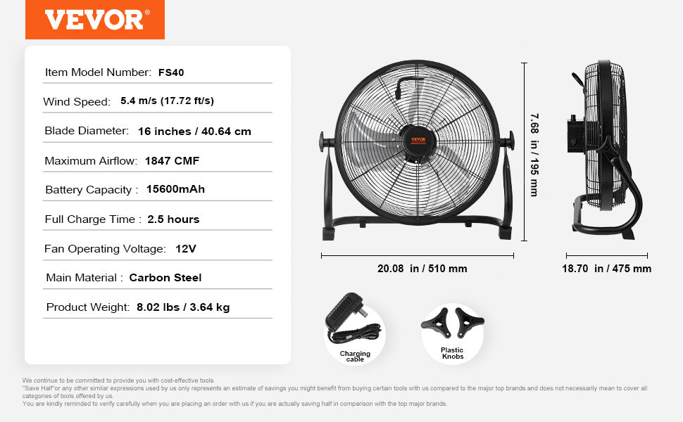 VEVOR 16” Cordless Floor Fan – High-Velocity, Quiet, Portable Industrial Fan with 360° Pivot