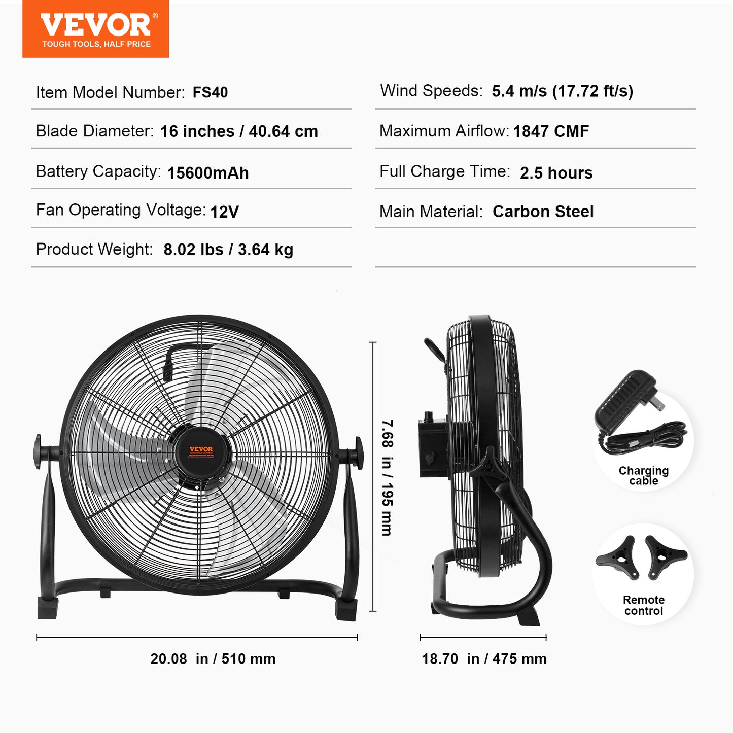 VEVOR 16” Cordless Floor Fan – High-Velocity, Quiet, Portable Industrial Fan with 360° Pivot