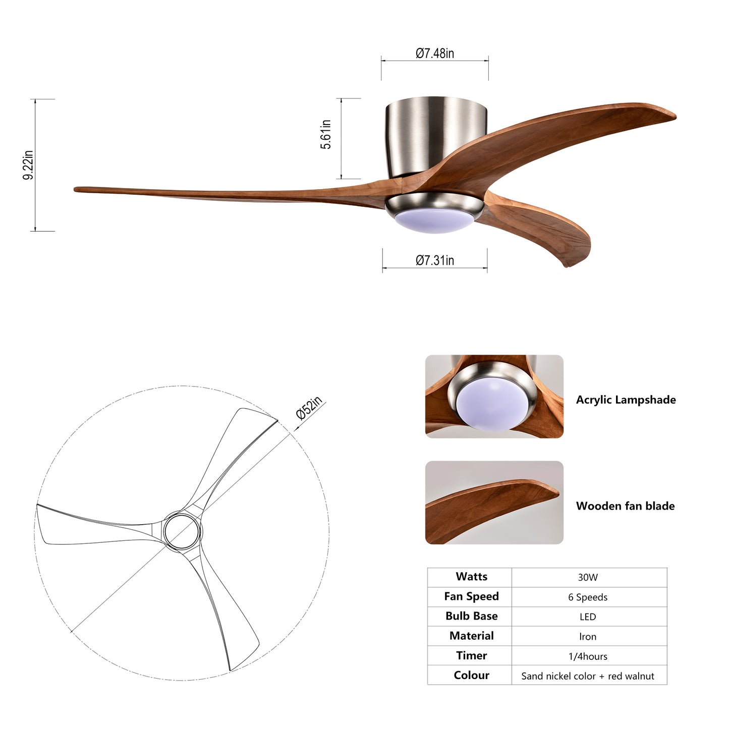 52" Recessed Ceiling Fan – Solid Wood Blades + LED Light Strip & Remote